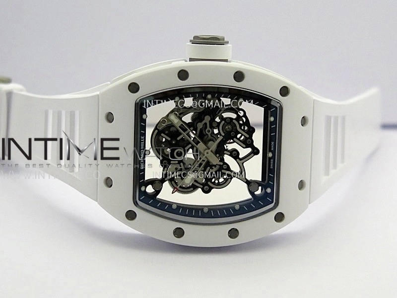 RM055 Black Inner Bezel White Ceramic RF 1:1 Best Edition Skeleton Dial On White Rubber Strap RMUL2 Super Clone