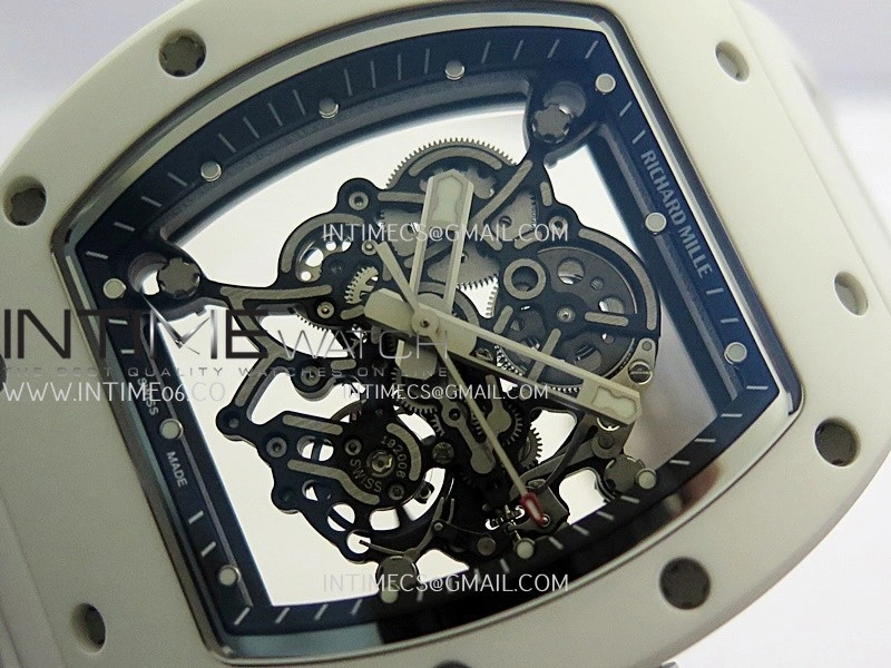 RM055 Black Inner Bezel White Ceramic RF 1:1 Best Edition Skeleton Dial On White Rubber Strap RMUL2 Super Clone