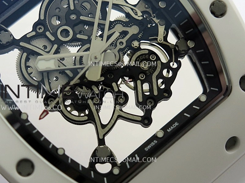 RM055 Black Inner Bezel White Ceramic RF 1:1 Best Edition Skeleton Dial On White Rubber Strap RMUL2 Super Clone