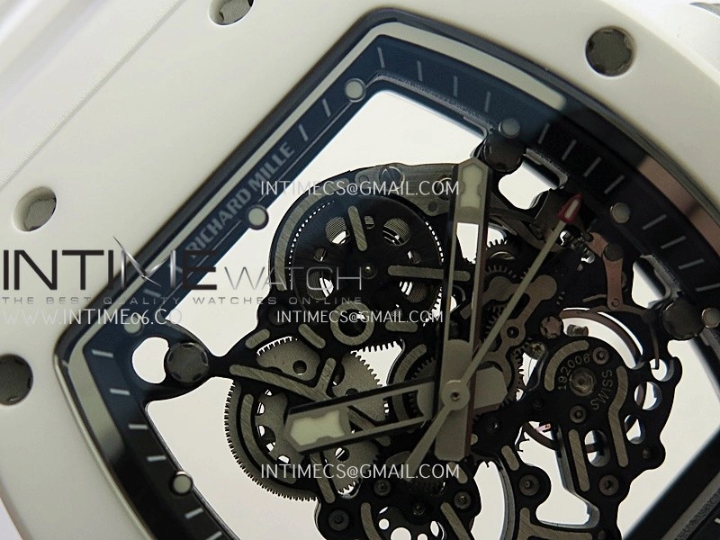 RM055 Black Inner Bezel White Ceramic RF 1:1 Best Edition Skeleton Dial On White Rubber Strap RMUL2 Super Clone