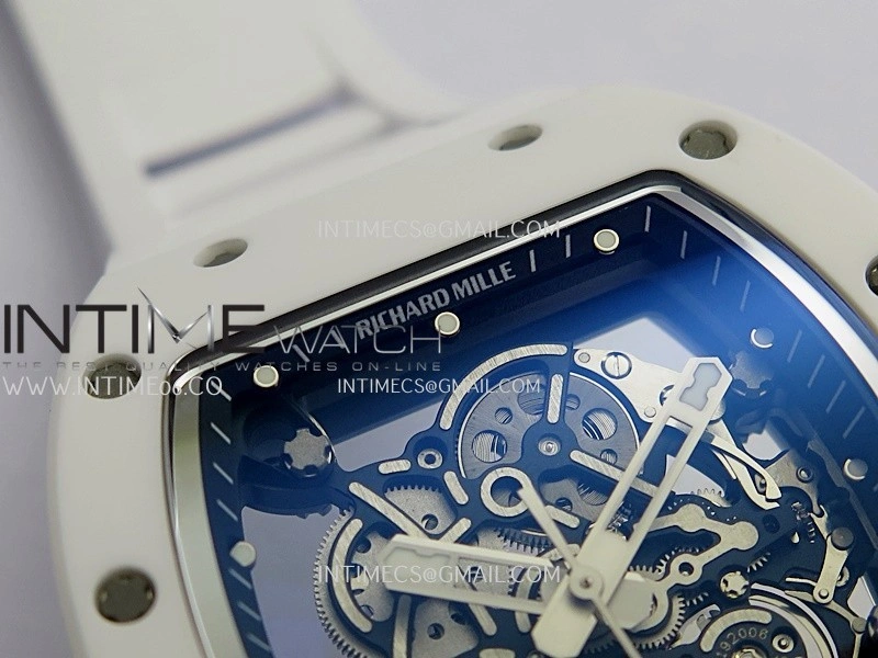 RM055 Black Inner Bezel White Ceramic RF 1:1 Best Edition Skeleton Dial On White Rubber Strap RMUL2 Super Clone