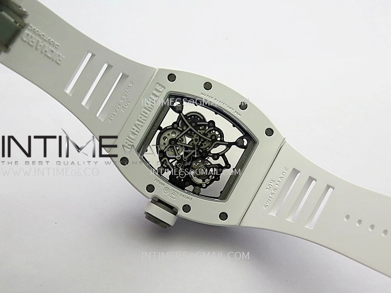 RM055 Black Inner Bezel White Ceramic RF 1:1 Best Edition Skeleton Dial On White Rubber Strap RMUL2 Super Clone
