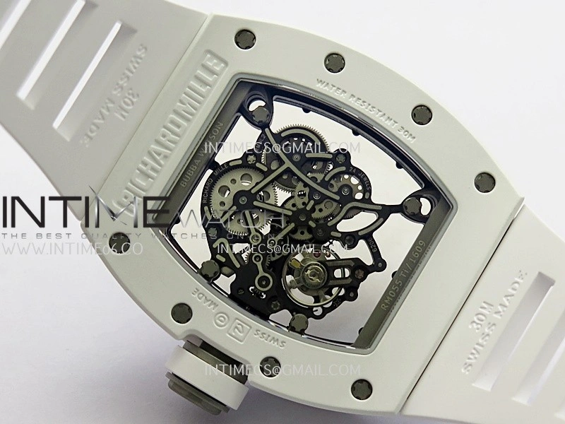 RM055 Black Inner Bezel White Ceramic RF 1:1 Best Edition Skeleton Dial On White Rubber Strap RMUL2 Super Clone