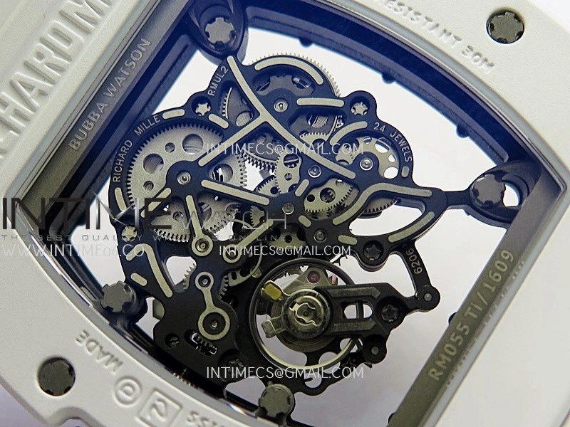 RM055 Black Inner Bezel White Ceramic RF 1:1 Best Edition Skeleton Dial On White Rubber Strap RMUL2 Super Clone