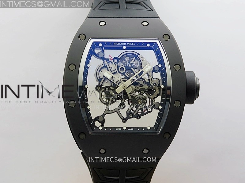 RM055 Black Crown And Inner Black Ceramic ZF 1:1 Best Edition Skeleton Dial On Black Rubber Strap RMUL2 Super Clone