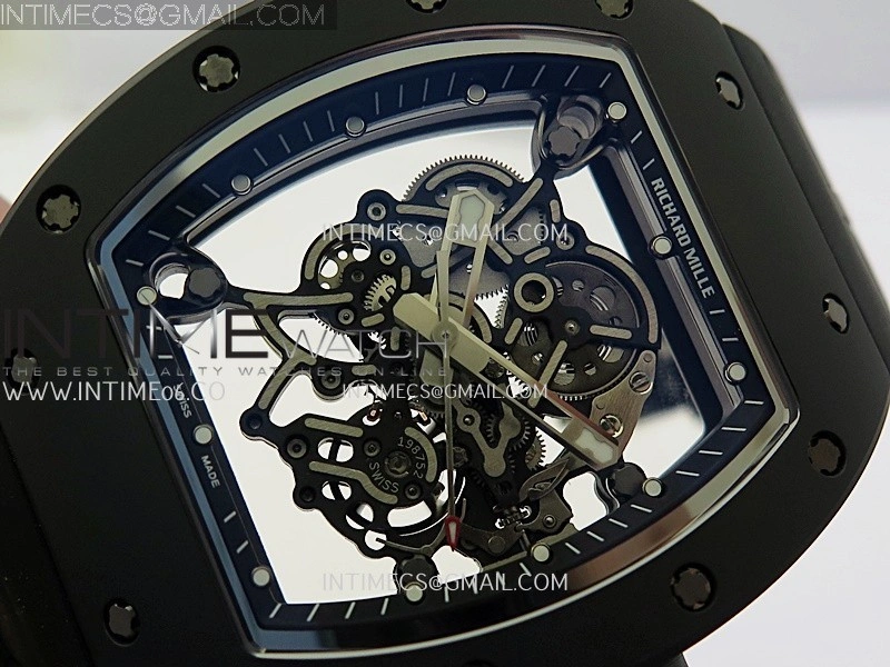 RM055 Black Crown And Inner Black Ceramic ZF 1:1 Best Edition Skeleton Dial On Black Rubber Strap RMUL2 Super Clone