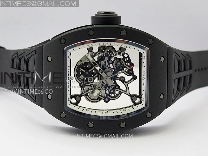 RM055 Black Crown White Inner Black Ceramic ZF 1:1 Best Edition Skeleton Dial On Black Rubber Strap RMUL2 Super Clone