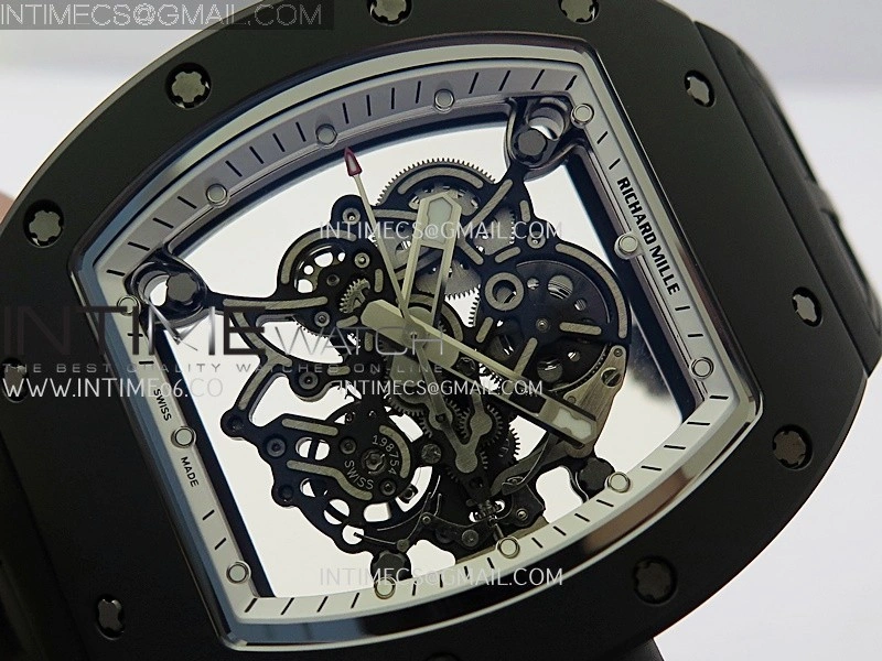 RM055 Black Crown White Inner Black Ceramic ZF 1:1 Best Edition Skeleton Dial On Black Rubber Strap RMUL2 Super Clone