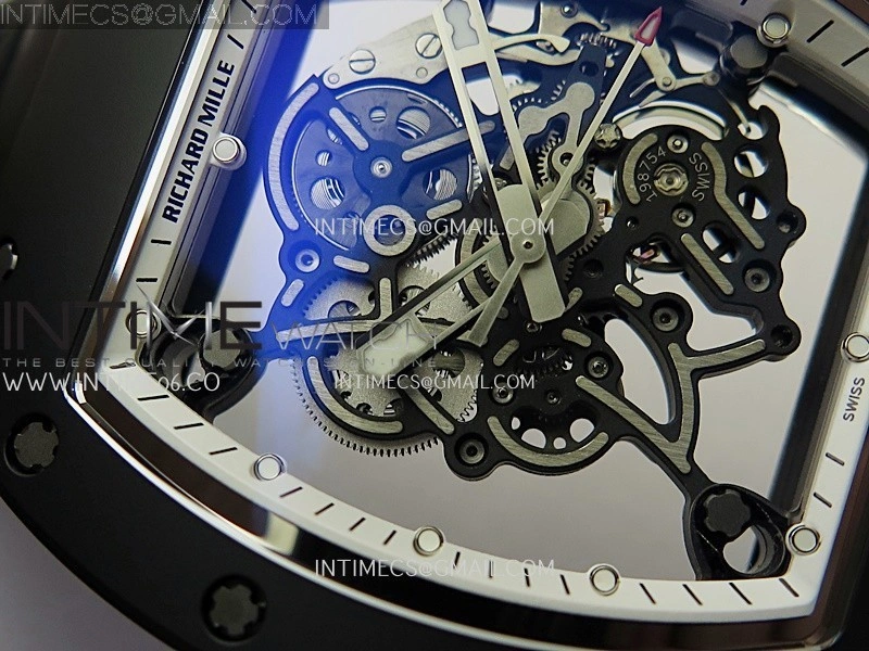 RM055 Black Crown White Inner Black Ceramic ZF 1:1 Best Edition Skeleton Dial On Black Rubber Strap RMUL2 Super Clone