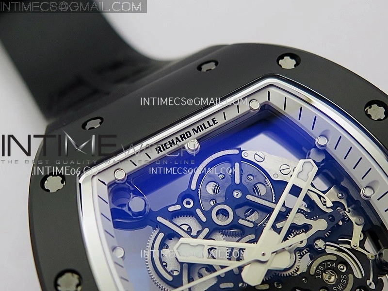 RM055 Black Crown White Inner Black Ceramic ZF 1:1 Best Edition Skeleton Dial On Black Rubber Strap RMUL2 Super Clone