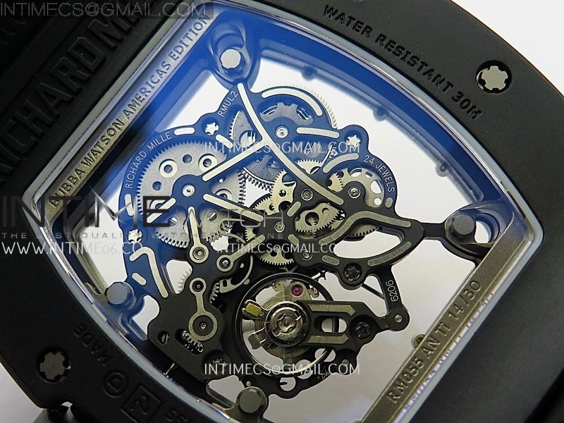 RM055 Black Crown White Inner Black Ceramic ZF 1:1 Best Edition Skeleton Dial On Black Rubber Strap RMUL2 Super Clone