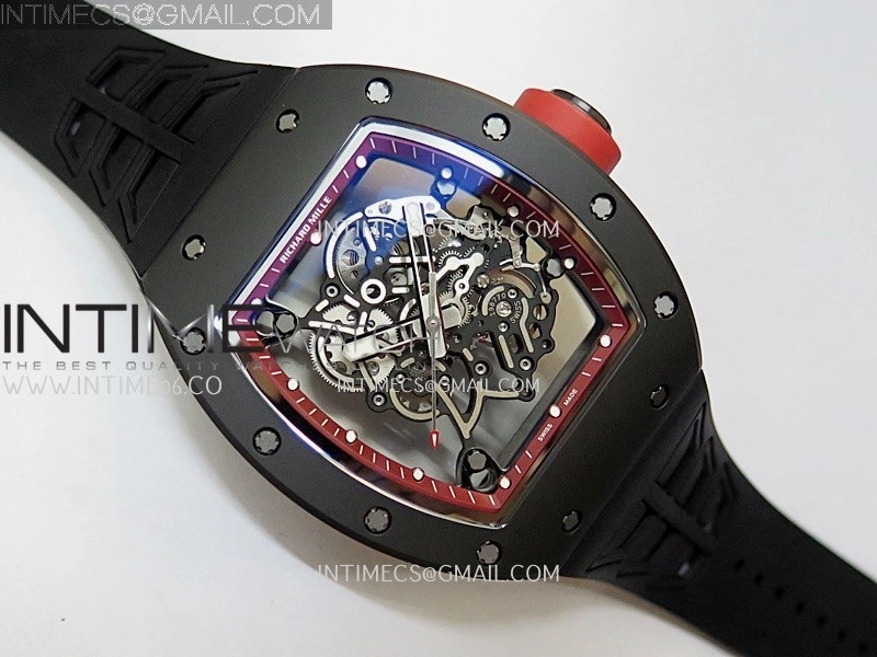 RM055 Red Crown Red Inner Black Ceramic ZF 1:1 Best Edition Skeleton Dial On Black Rubber Strap RMUL2 Super Clone