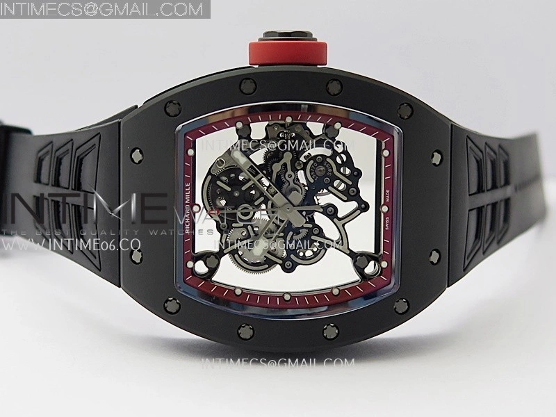 RM055 Red Crown Red Inner Black Ceramic ZF 1:1 Best Edition Skeleton Dial On Black Rubber Strap RMUL2 Super Clone