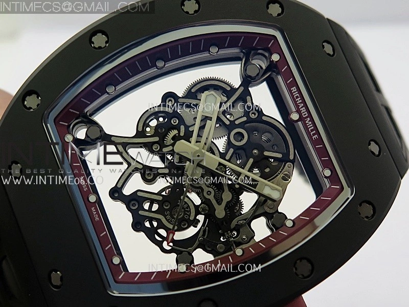 RM055 Red Crown Red Inner Black Ceramic ZF 1:1 Best Edition Skeleton Dial On Black Rubber Strap RMUL2 Super Clone