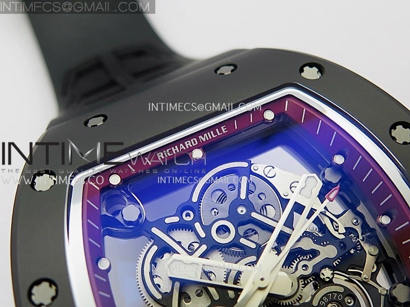 RM055 Red Crown Red Inner Black Ceramic ZF 1:1 Best Edition Skeleton Dial On Black Rubber Strap RMUL2 Super Clone