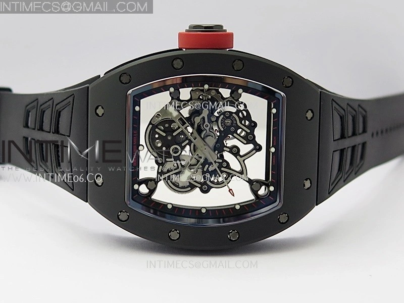 RM055 Red Crown Black Inner Black Ceramic ZF 1:1 Best Edition Skeleton Dial On Black Rubber Strap RMUL2 Super Clone