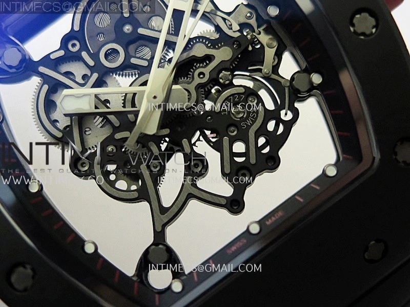 RM055 Red Crown Black Inner Black Ceramic ZF 1:1 Best Edition Skeleton Dial On Black Rubber Strap RMUL2 Super Clone