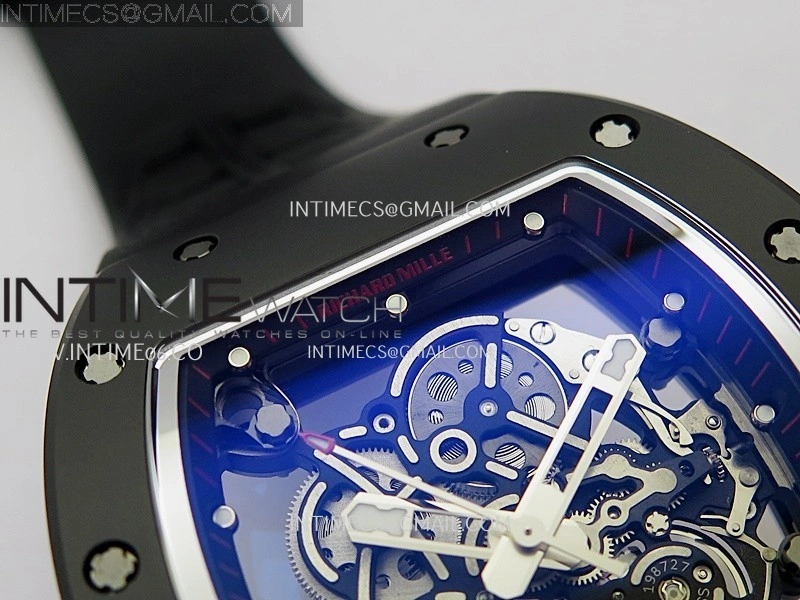 RM055 Red Crown Black Inner Black Ceramic ZF 1:1 Best Edition Skeleton Dial On Black Rubber Strap RMUL2 Super Clone