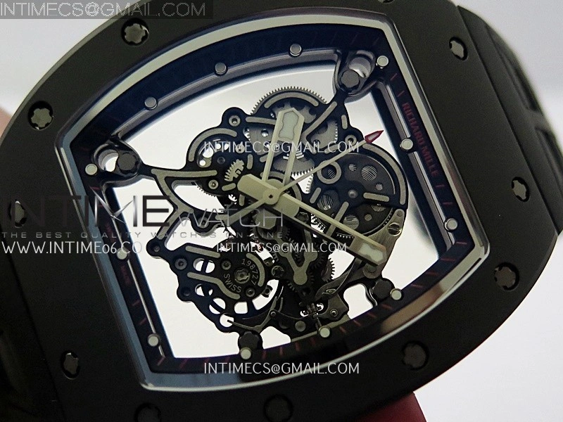 RM055 Red Crown Black Inner Black Ceramic ZF 1:1 Best Edition Skeleton Dial On Black Rubber Strap RMUL2 Super Clone