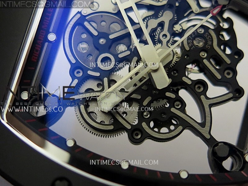RM055 Red Crown Black Inner Black Ceramic ZF 1:1 Best Edition Skeleton Dial On Black Rubber Strap RMUL2 Super Clone