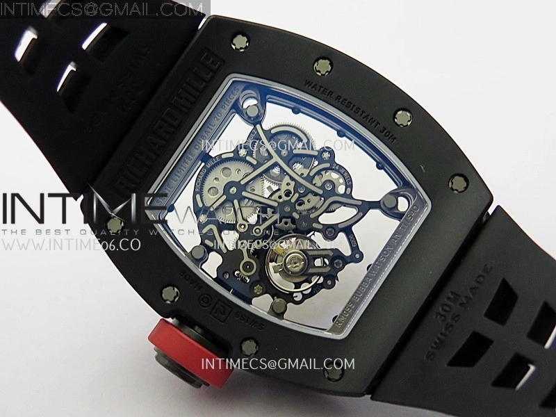 RM055 Red Crown Black Inner Black Ceramic ZF 1:1 Best Edition Skeleton Dial On Black Rubber Strap RMUL2 Super Clone