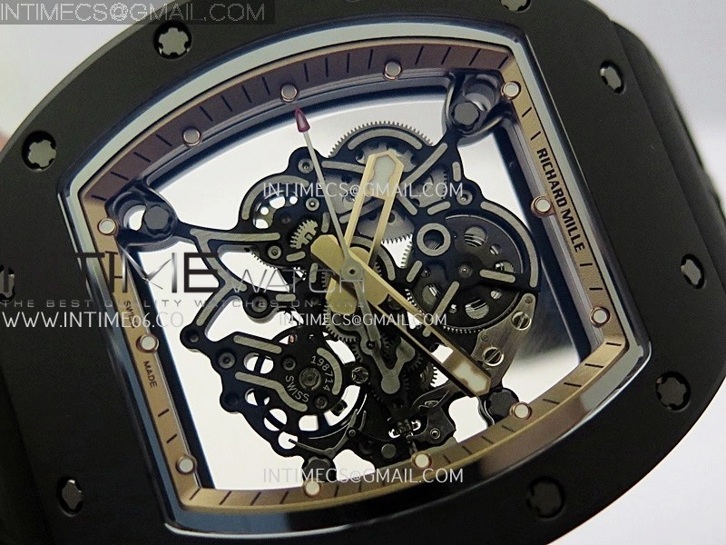 RM055 Black Crown RG Inner Black Ceramic ZF 1:1 Best Edition Skeleton Dial On Black Rubber Strap RMUL2 Super Clone