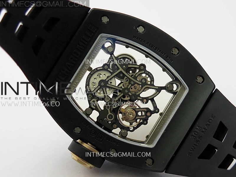 RM055 Black Crown RG Inner Black Ceramic ZF 1:1 Best Edition Skeleton Dial On Black Rubber Strap RMUL2 Super Clone