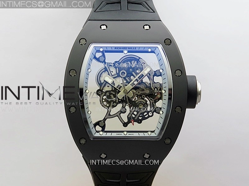 RM055 Black Crown White Inner Black White Ceramic ZF 1:1 Best Edition Skeleton Dial On Black Rubber Strap RMUL2 Super Clone