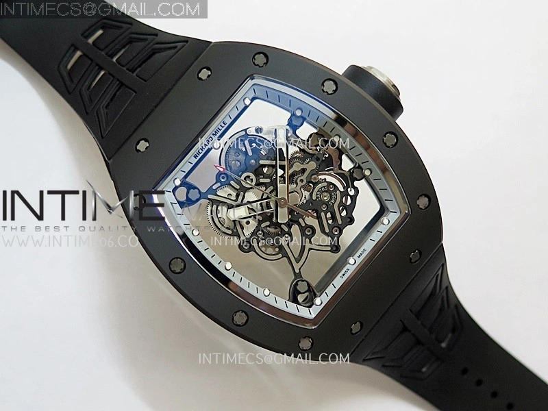 RM055 Black Crown White Inner Black White Ceramic ZF 1:1 Best Edition Skeleton Dial On Black Rubber Strap RMUL2 Super Clone