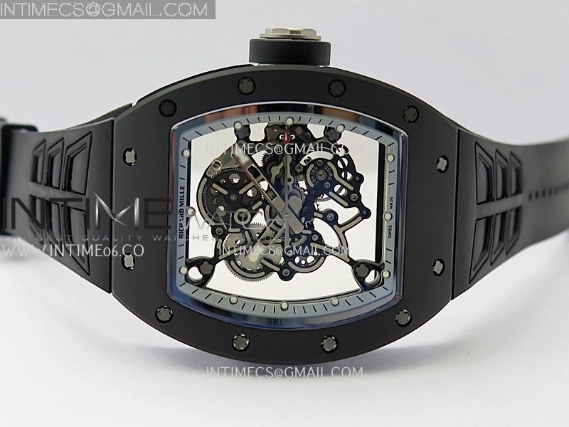 RM055 Black Crown White Inner Black White Ceramic ZF 1:1 Best Edition Skeleton Dial On Black Rubber Strap RMUL2 Super Clone