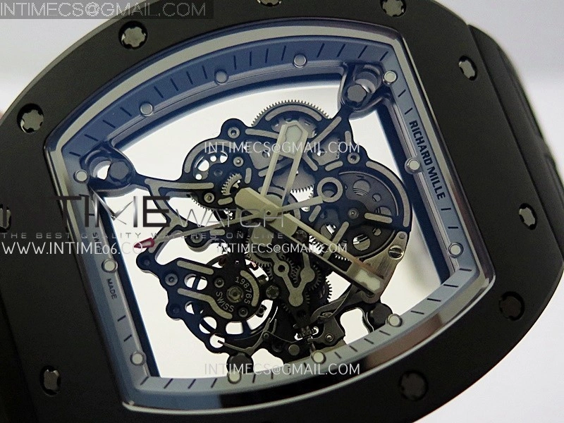 RM055 Black Crown White Inner Black White Ceramic ZF 1:1 Best Edition Skeleton Dial On Black Rubber Strap RMUL2 Super Clone