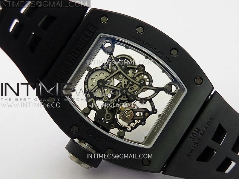 RM055 Black Crown White Inner Black White Ceramic ZF 1:1 Best Edition Skeleton Dial On Black Rubber Strap RMUL2 Super Clone