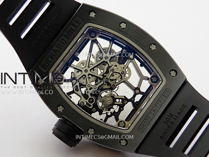 RM035 Americas Manual RG Black Ceramic ZF 1:1 Best Edition Skeleton Dial On Black Rubber Strap Super Clone RMUL1