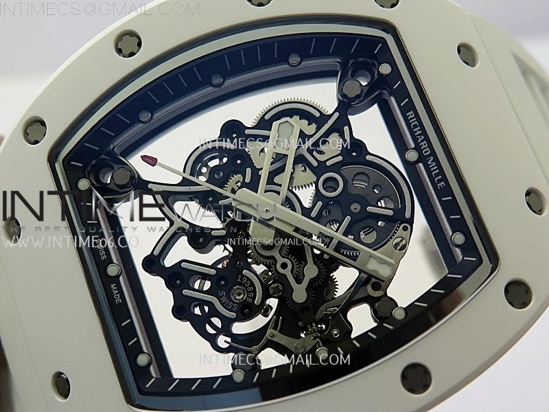 RM055 White Ceramic ZF 1:1 Best Edition Skeleton Dial On White Rubber Strap RMUL2 Super Clone