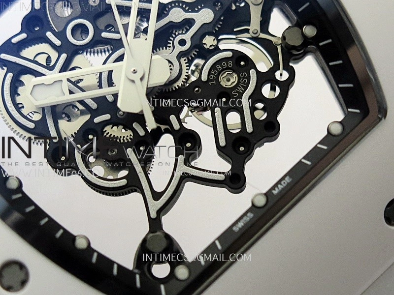 RM055 White Ceramic ZF 1:1 Best Edition Skeleton Dial On White Rubber Strap RMUL2 Super Clone