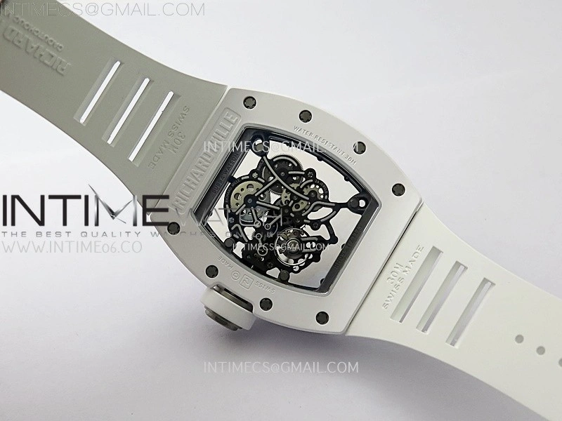 RM055 White Ceramic ZF 1:1 Best Edition Skeleton Dial On White Rubber Strap RMUL2 Super Clone