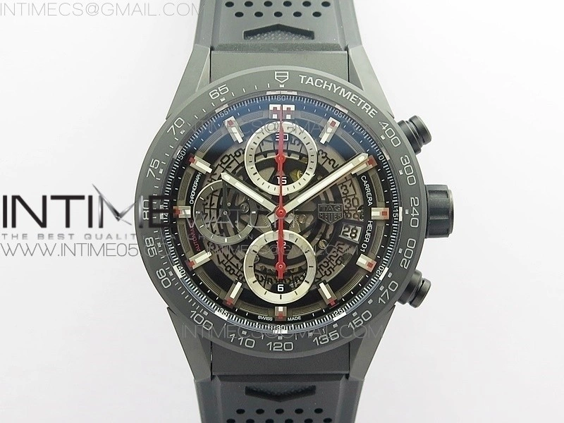 Calibre Heuer 01 Chrono 43mm Ceramic XF 1:1 Best Edition Skeleton Dial on Black Rubber Strap A1887
