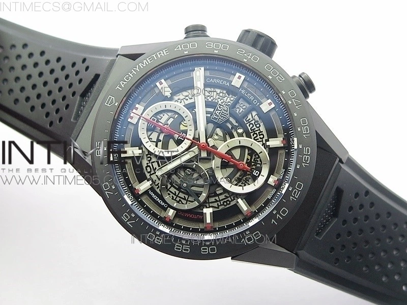 Calibre Heuer 01 Chrono 43mm Ceramic XF 1:1 Best Edition Skeleton Dial on Black Rubber Strap A1887