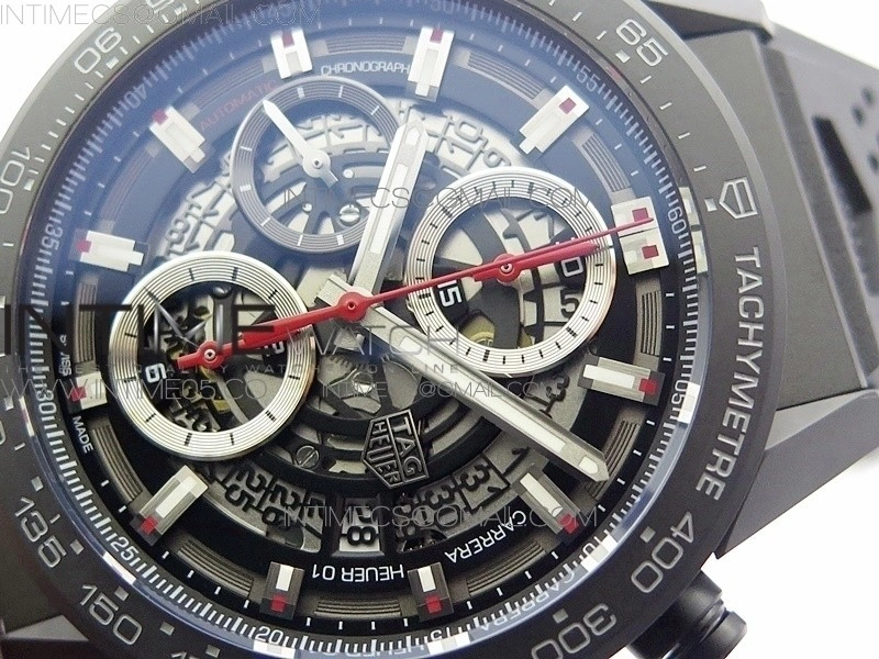 Calibre Heuer 01 Chrono 43mm Ceramic XF 1:1 Best Edition Skeleton Dial on Black Rubber Strap A1887