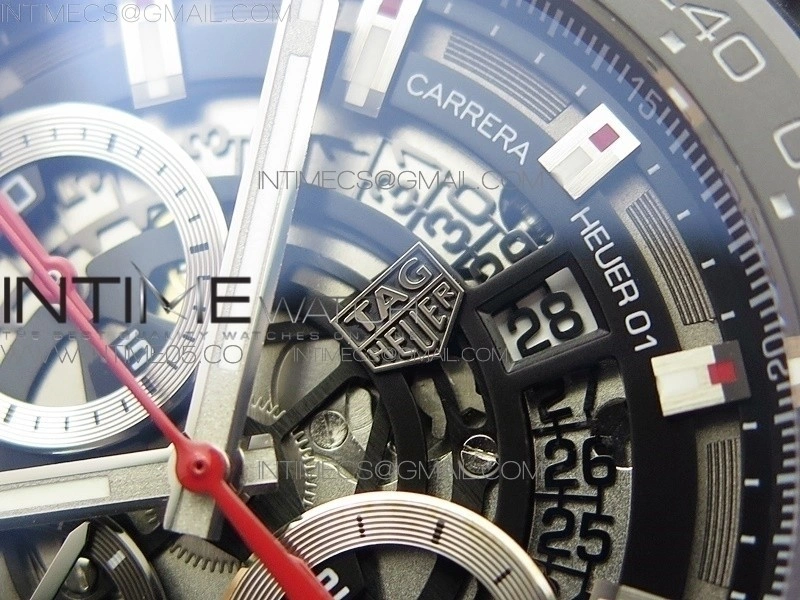 Calibre Heuer 01 Chrono 43mm Ceramic XF 1:1 Best Edition Skeleton Dial on Black Rubber Strap A1887