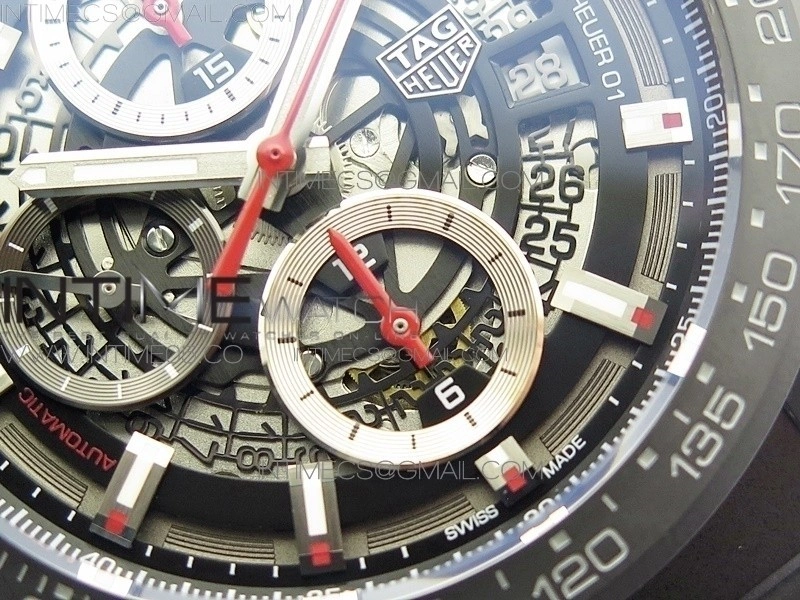 Calibre Heuer 01 Chrono 43mm Ceramic XF 1:1 Best Edition Skeleton Dial on Black Rubber Strap A1887