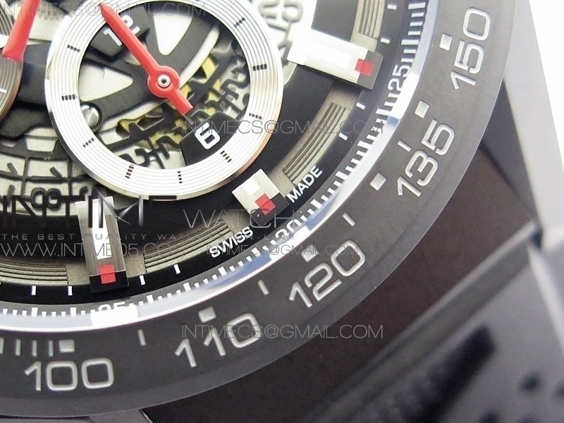 Calibre Heuer 01 Chrono 43mm Ceramic XF 1:1 Best Edition Skeleton Dial on Black Rubber Strap A1887