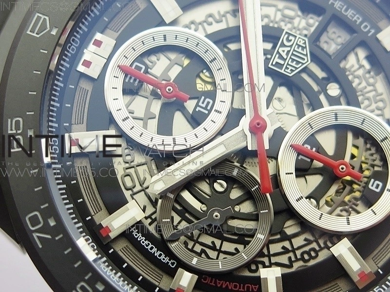 Calibre Heuer 01 Chrono 43mm Ceramic XF 1:1 Best Edition Skeleton Dial on Black Rubber Strap A1887