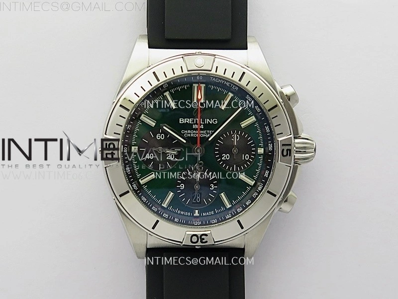 Chronomat B01 42mm SS TF 1:1 Best Edition Green Dial on Black Rubber Strap A7750