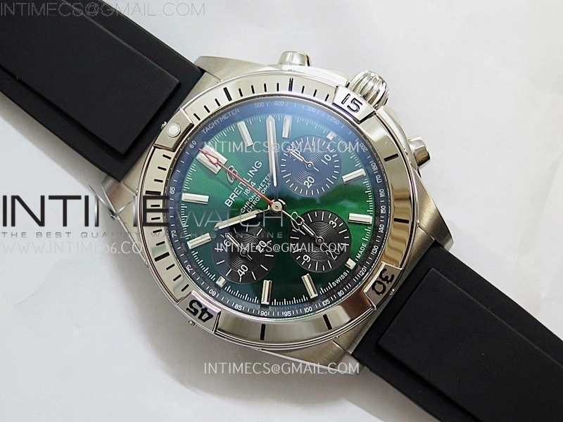 Chronomat B01 42mm SS TF 1:1 Best Edition Green Dial on Black Rubber Strap A7750