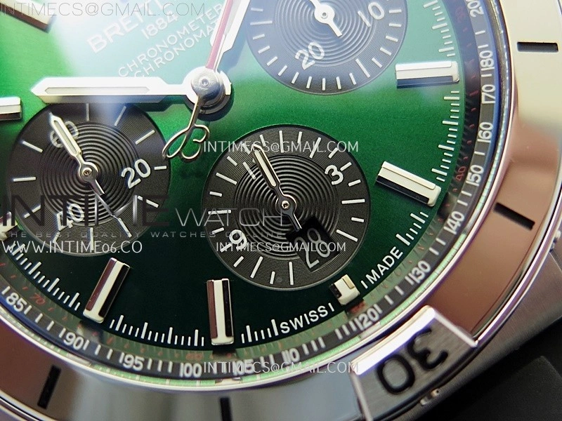 Chronomat B01 42mm SS TF 1:1 Best Edition Green Dial on Black Rubber Strap A7750