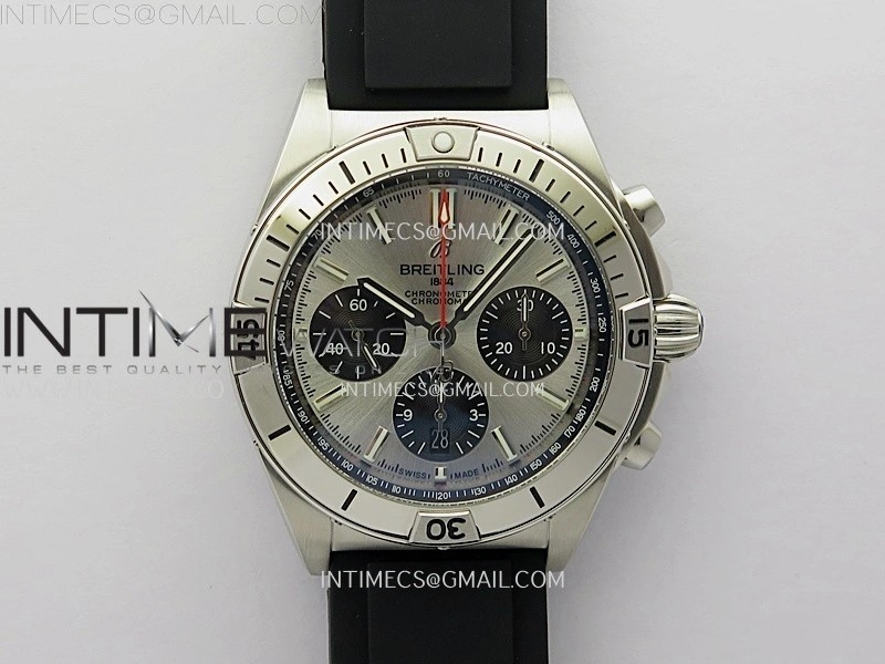 Chronomat B01 42mm SS TF 1:1 Best Edition Silver Dial on Black Rubber Strap A7750