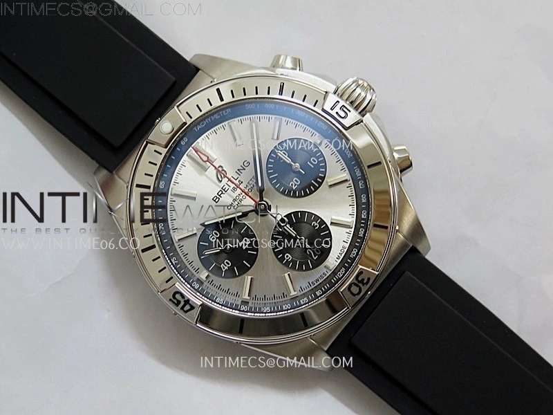 Chronomat B01 42mm SS TF 1:1 Best Edition Silver Dial on Black Rubber Strap A7750