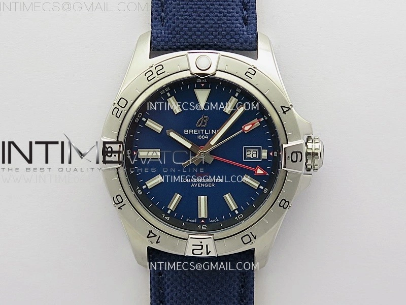 Avenger Chronometer 42mm GMT SS BLSF 1:1 Best Version Blue Dial On Blue Nylon Strap A2836