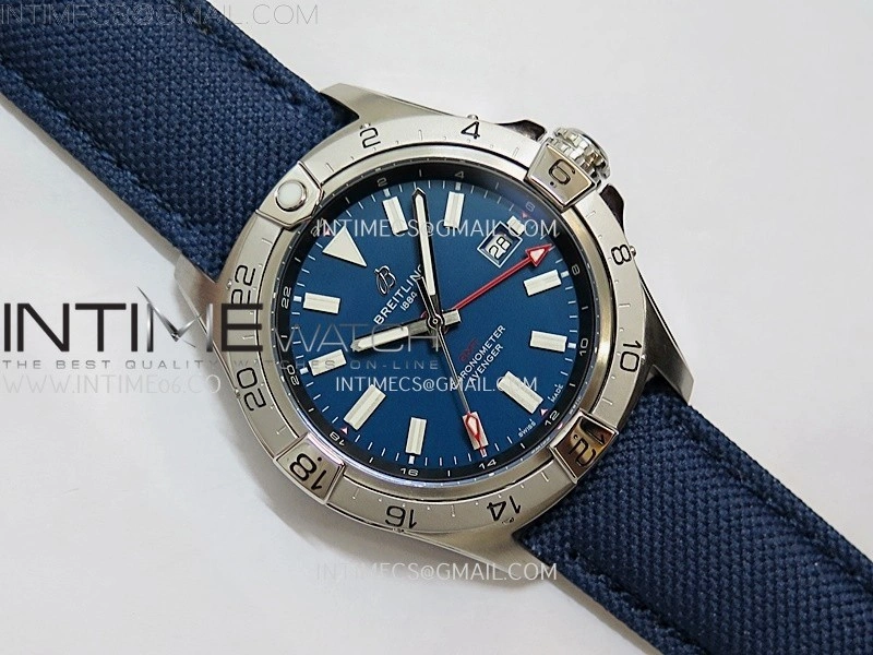 Avenger Chronometer 42mm GMT SS BLSF 1:1 Best Version Blue Dial On Blue Nylon Strap A2836